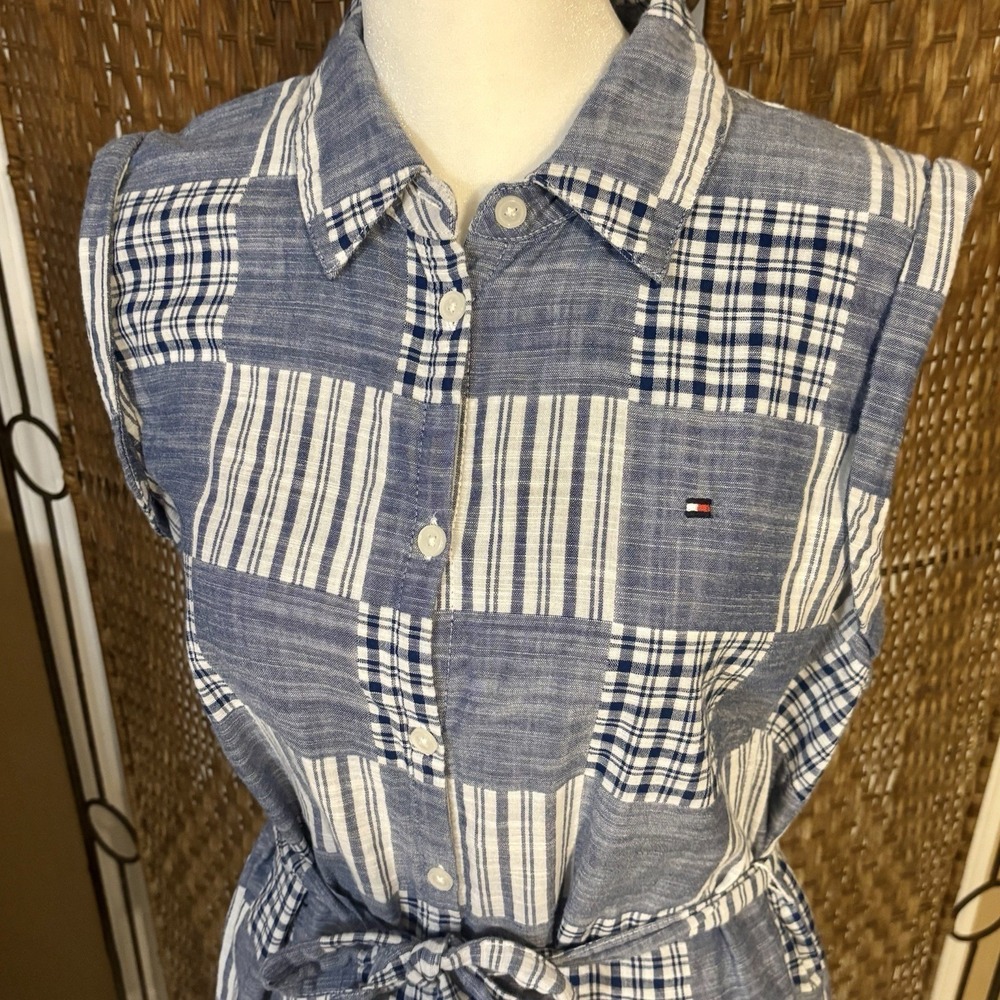 Tommy Hilfiger Blue Plaid Patchwork Sleeveless Shirt Dress Womens 8 Tie Waist - Picture 7 of 12